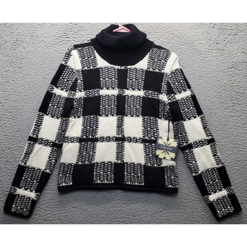 Cliché Sweater Womens S Multi Plaid Wool Blend Textured Knit Turtleneck Pullover